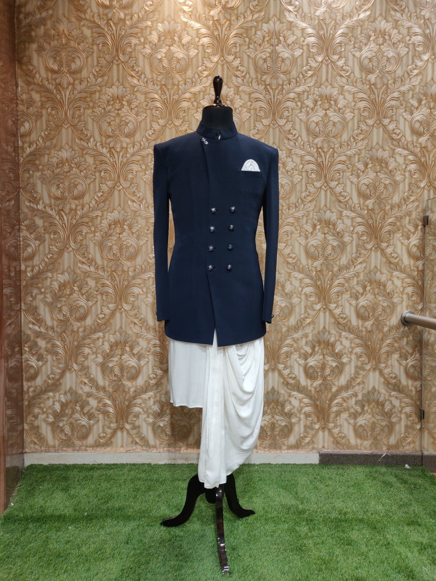 Navy Jodhpuri with White Cowl Kurta