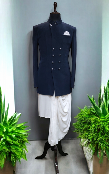 Navy Jodhpuri with White Cowl Kurta